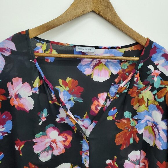 Floral & Ivy Womens 2X Button Front Chiffon Blouse Black Sheer Lightweight Top - Picture 9 of 14